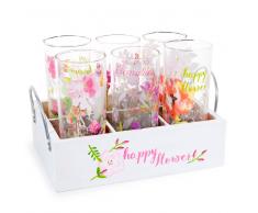 6 vasos + cesto de madera HAPPY FLOWER