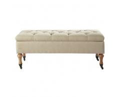 Banco tapizado capitoné con ruedas y baúl de madera y algodón crudo An. 107 cm COLETTE