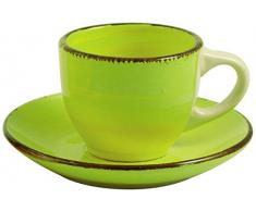 Villa DEste Baita Juego de 6 Tacitas con Platos de Café de Gres Esmaltado Pintado a Mano, en Verde Lima