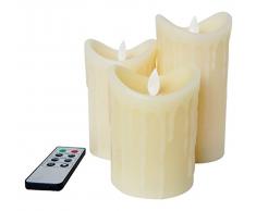 candled Juego de 3 LED velas con llama dinámico y mando a distancia, cera, color crema, 27,4 x 8,3 x 17,7 cm