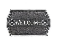 Resistente tapete de entrada JVL con texto en inglés «Welcome», con acabado metálico y diseño floral, PVC, color plateado y negro