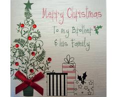 White Cotton Cards Merry Christmas to My Brother and Family His tarjeta hecha a mano en forma de árbol de navidad y regalos