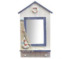 Just Contempo - Espejo con diseño de caseta de playa (madera, incluye 2 ganchos, 46 x 21 x 5,3 cm), color azul y blanco, madera, Azul y blanco, 46 x 21 x 5,3 cm