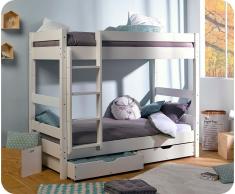 Litera juvenil WOOD, Blanca, madera maciza. 90x190cm.