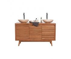 Mueble de baño doble lavabo blanco y teca ANIO - Miliboo
