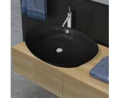 VidaXL Lavabo Oval de cerámica negra lujo con desagüe, 59 x 38,5 cm