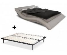 Cama ONDULIS + somier de láminas - 160x200 cm - Piel sintética blanca con leds