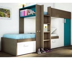 Cama litera JULIEN - 2x90x190 cm - Armario integrado - Marrón topo y azul