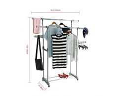 logei® Dobles ropa colgadores de ropa bastidor extensible perchero enrollables estante perchero armario telescópica plegable ruedas Secador de stands, gris