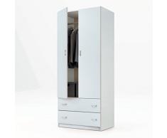Armario ropero color blanco brillo de 2 puertas y 2 cajones, barra cromada para colgar incluida, para dormitorio. 180cm altura x 74cm alto x 50cm fondo.