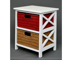 Cómoda mesa auxiliar de 45 cm de alto para niños, baño, pasillo color blanco con dos cestas en ratán mostaza y rojo