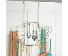 mDesign - Organizador colgante de bijouterie y accesorios, para colocar sobre perfil de puerta; guarda anillos, aros, pulseras, collares, cinturones, bufandas - Satinado