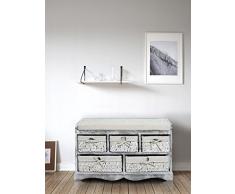 Rebecca srl Banco Asiento 5 Cestas Madera Mimbre Blanco Gris Vintage Jardin Entrada (Cod. 0-1027)