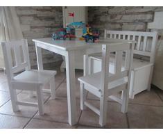 Best Of Jam® Lätt 1 x mesa infantil 2 x Silla Infantil 1 x Banco infantil con tapa freno (Blanco) Madera Maciza Producto Nuevo.