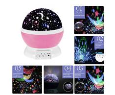 Lámpara de Noche,Sunvito Romántica Rotación de Estrellas Luna Cielo Proyector a Bebés Niños Dormitorios(4 Gotas Brillantes LED 3 Modelo de Luz Cargadas por Patería de DC5V/AAA y USB Cable) (Rosado)