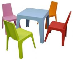 Resol Julieta Set Infantil de 4 Sillas y 1 Mesa, Plástico y Polipropileno, 1 Mesa Azul + 4 Sillas Roja/Rosa/Naranja/Lima, 60x51x78 cm, 5 Unidades