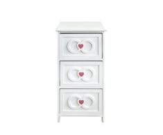 Mesita de noche mesilla de cajones del aparador de madera blanca 3 cajones corazón rojo dormitorio niños (Cod. 0-3401)