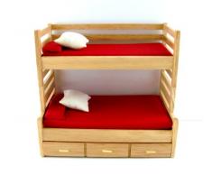 Litera con cama nido en miniatura para casa de muñecas escala 1:12 mobiliario de roble