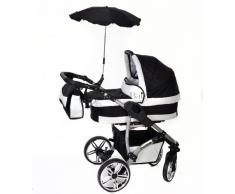 Baby Sportive Twing - Sistema de viaje 3 en 1, silla de paseo, carrito con capazo y silla de coche, RUEDAS GIRATORIAS, parasol y accesorios, color negro, blanco