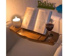 Relaxdays bandeja con soporte para libros, alto x ancho x fondo: 17,5 x 70 x 21,5 , bandeja de bambú para bañera con soporte para copa de vino o cava, extensible, con bandeja para jabones, color marrón