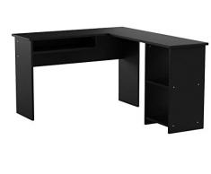 LANGRIA Escritorio de Esquina en Forma de L con Bandeja Deslizante para Teclado de Ordenador y 2 Baldas Inferiores Laterales para Libros Papelería para Habitación Sala de Estudio Oficina (Negro)