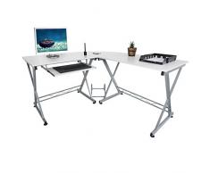 Harima - Mesa Esquinera para Ordenador Mueble Torre Escritorio Oficina Bixby Profesional en color Blanco con estante extraíble para el teclado Inicio PC de escritorio