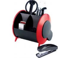 Idena 353153 - Organizador con accesorios de oficina (10 piezas: tijeras, regla, cúter, grapadora, grapas, goma, clips, portaminas y bolígrafo), color rojo y negro