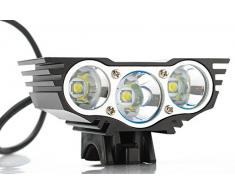 Theoutlettablet® Luz delantera - Foco frontal para Bici 6000 lúmenes Linterna LÁMPARA TORCH frontal 3x CREE XM-L U2 LED de bicicleta /bici lámpara Luz LED frontal para manillar de bicicletas (3 focos, 6000 Lumens) con batería y cargador COLOR NEGRO
