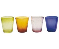 Villa DEste Cancún Juego de 4 Vasos de Vidrio Soplado Artesanal en Verde, Ámbar, Rosa Oscuro y Azul, Diámetro 9cm