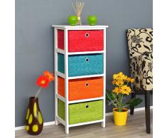 Cómoda estantería en blanco, en ratán, con cuatro cestas en naranja, verde, azul y rojo