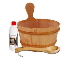 SAUNA SET CUBO DE MADERA 4L, CUCHARONES 36 CM, EUCALIPTO AROMA 500 ML
