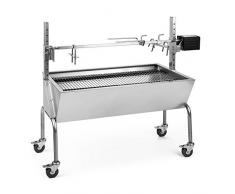 oneConcept Sauenland Parrilla para lechón motor eléctrico y asador giratorio (deposito de carbon para el cocinado, altura regulable, barbacoa acero inoxidable, 4 ruedas sujeciones con frenos, incluya material grill; pinzas, pinchos carne, dos rejillas)