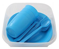 Menz Outdoor - de camping/picnic de juego, juego de vajilla para 4 personas 21 piezas de plástico con plato, taza y cubiertos - Fabricado en Europa., azul, 1 set