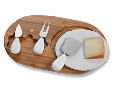 BANDEJA DE MADERA DE BAMBÚ BRANDANI 3 CUCHILLOS TABLA PARA CORTAR QUESO PORCELANA BLANCA 55697