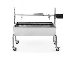 oneConcept Sauenland Parrilla para lechón motor eléctrico y asador giratorio (deposito de carbon para el cocinado, altura regulable, barbacoa acero inoxidable, 4 ruedas sujeciones con frenos, incluya material grill; pinzas, pinchos carne, dos rejillas)