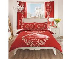 Juego de funda nórdica y funda de almohada reversible, diseño con texto en francés, mezcla de algodón, rojo y beige, funda nórdica para cama doble (mezcla de algodón)