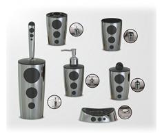 FLO PUNTO Juego de Baño 6 Piezas - Escobilla WC + Expendedor Papel Higiénico + Plato para Jabón + Soporte Cepillo Dientes + Cubo Cosméticos + Vaso Enjuague cromado