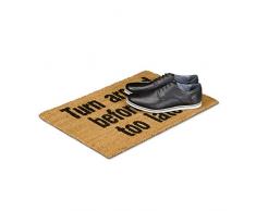 Relaxdays – – Felpudo (Fibra de coco ALFOMBRA DE SUELO puerta entrada Turn Around before it s Too Late posavasos antideslizante goma PVC 60 x 40 cm Nature