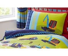 Juego de cama infantil con funda de edredón nórdico, diseño de excavadoras, poliéster, azul, suelto