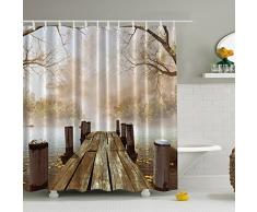 Cortinas baño de poliester impermeable de la impresión 3D, J-KK cortinas decorativa del baño del poliéster de los textiles con el gancho plástico de 12 PC (180 * 180cm), Puente de madera