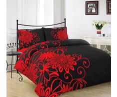 A&R Helen - Juego para cama de matrimonio (3 piezas, funda de edredón reversible y fundas de almohada), diseño de flores, color negro y rojo