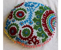 Funda de cojín de algodón bordada a mano HANDICRAFTOFPINKCITY puff redondo rajasthali Suzani almohada cubierta de la silla Otomano hecha a mano 40,64 cm