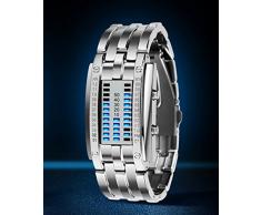 Reloj de pulsera para hombre, binario, a prueba de golpes, militar, correa de acero inoxidable, con 28 luces LED para la fecha y la hora, Women Silver