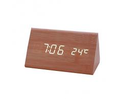 Highdas Nueva Triangular control de sonido USB/AAA Bateršªa Powered Madera LED Wooden Clock Alarma Digital Reloj de escritorio with Thermometer Calendar Auto Brightness Ajuste Dual Display