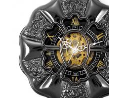Alienwork Retro Reloj mecánico de bolsillo esqueleto remonte grabado Metal negro negro W891-03