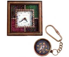 Little India de Madera reloj de pared de latón brújula llavero multicolor