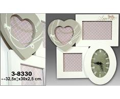 DonRegaloWeb - Marco de fotos -Portafotos multiple de pared de madera para 3 fotos y con un reloj en color blanco y verde con motivos de amor