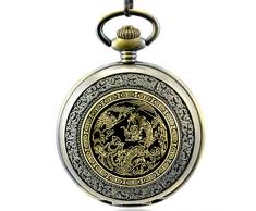 Stayoung Steampunk Antiguo Bronce Números Romanos Cuerda Manual Reloj de Bolsillo Mecánico Retro Colgante Tótem de Dragón Chino
