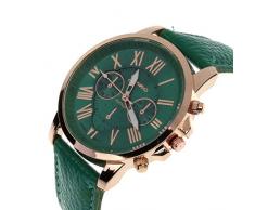 Amsion Marea números romanos de cuero de imitación de cuarzo analógico reloj de las mujeres (verde oscuro)