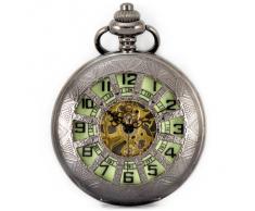 Alienwork Retro Reloj mecánico de bolsillo esqueleto remonte Metal verde negro WDG005-02